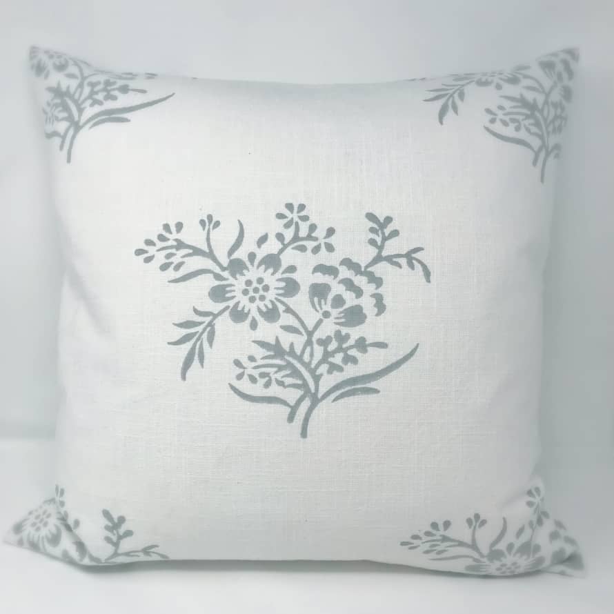 Pale & Interesting Gustavian Grey Posy Hand Block Printed Cushion Cover