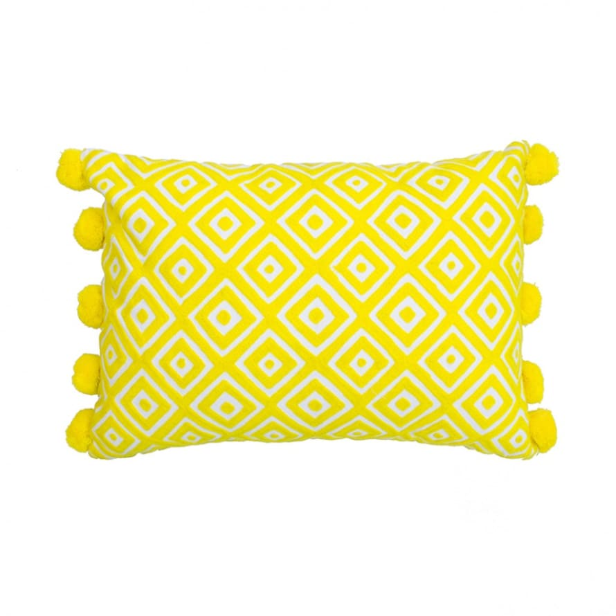 Bombay Duck Yellow Kabuki Embroidered Diamonds Rectangular Cushion With Pompoms