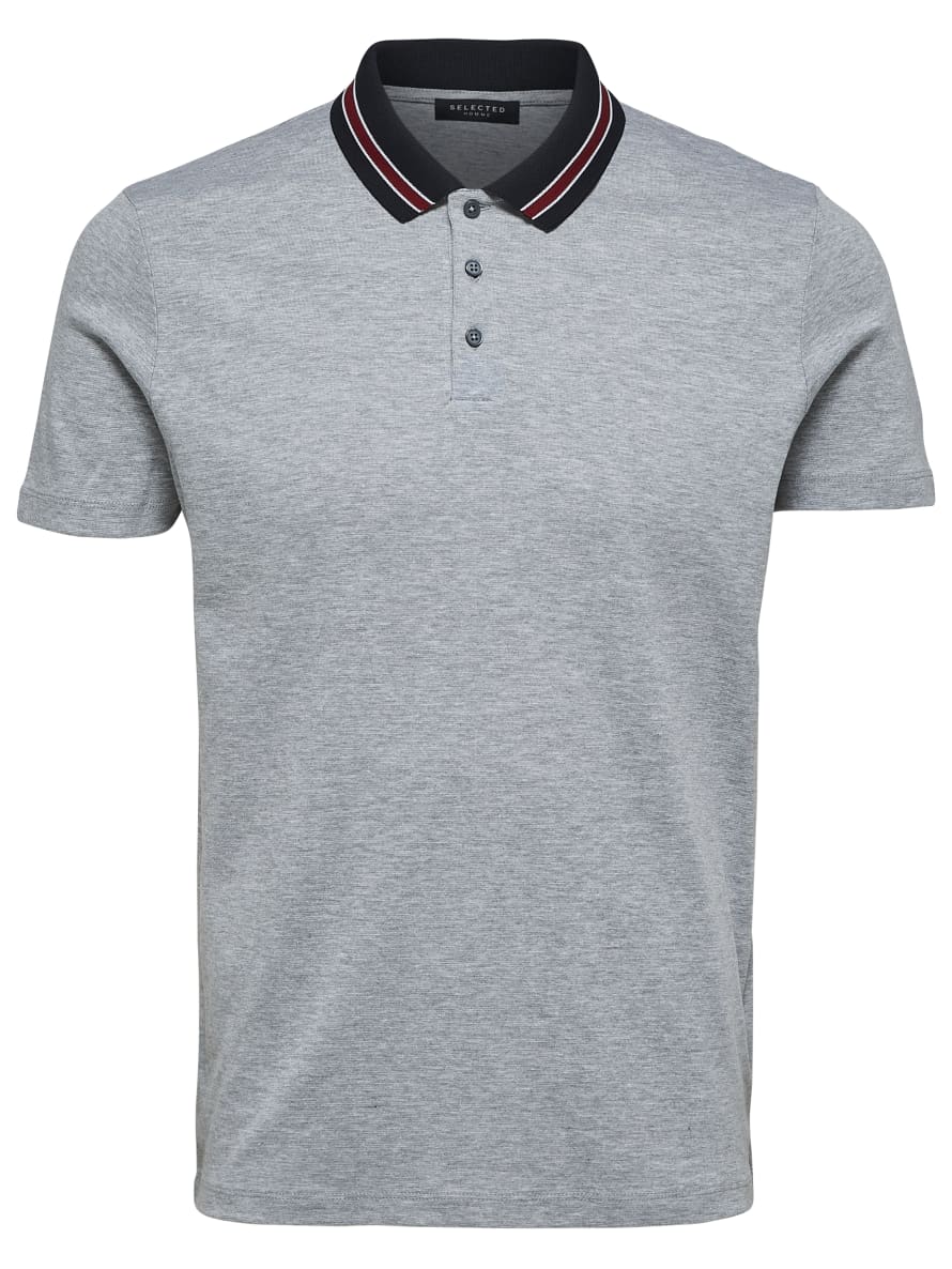 Selected Homme Karter Waffle Short Sleeved Polo - Grey With Red Blue Pinstripe 