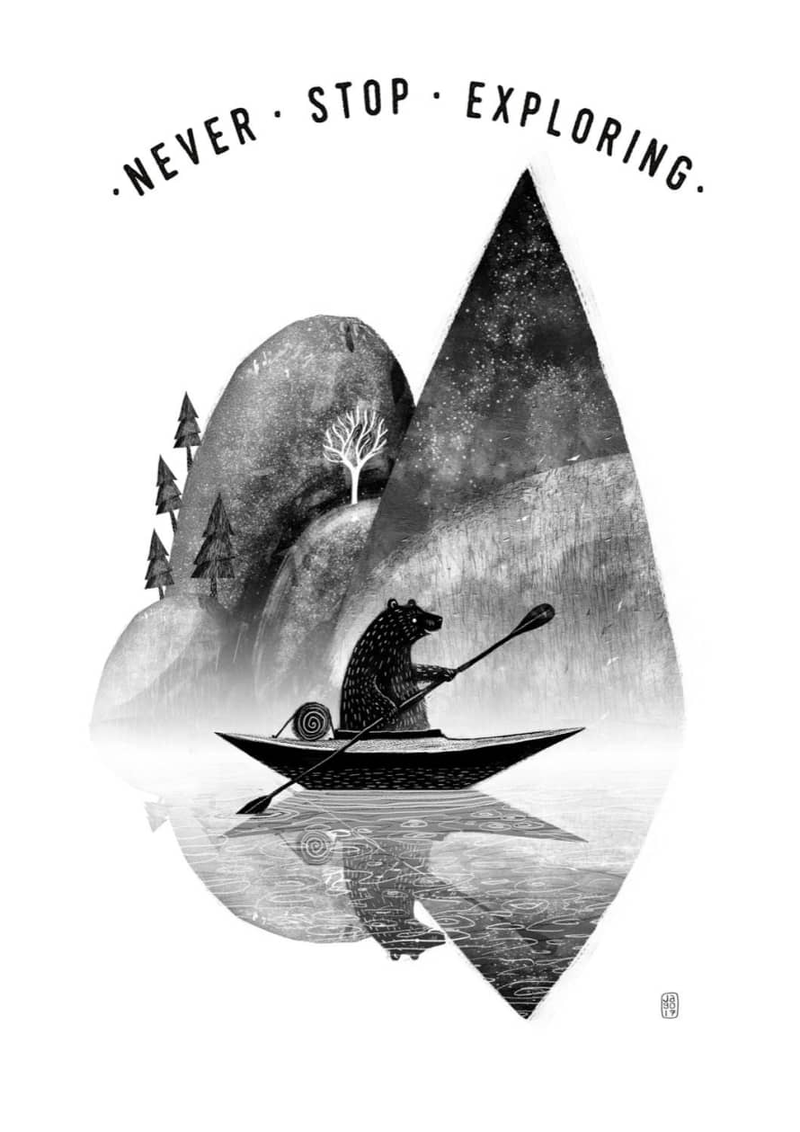 Jago Illustration Never Stop Exploring Canoe Bear A3 Print