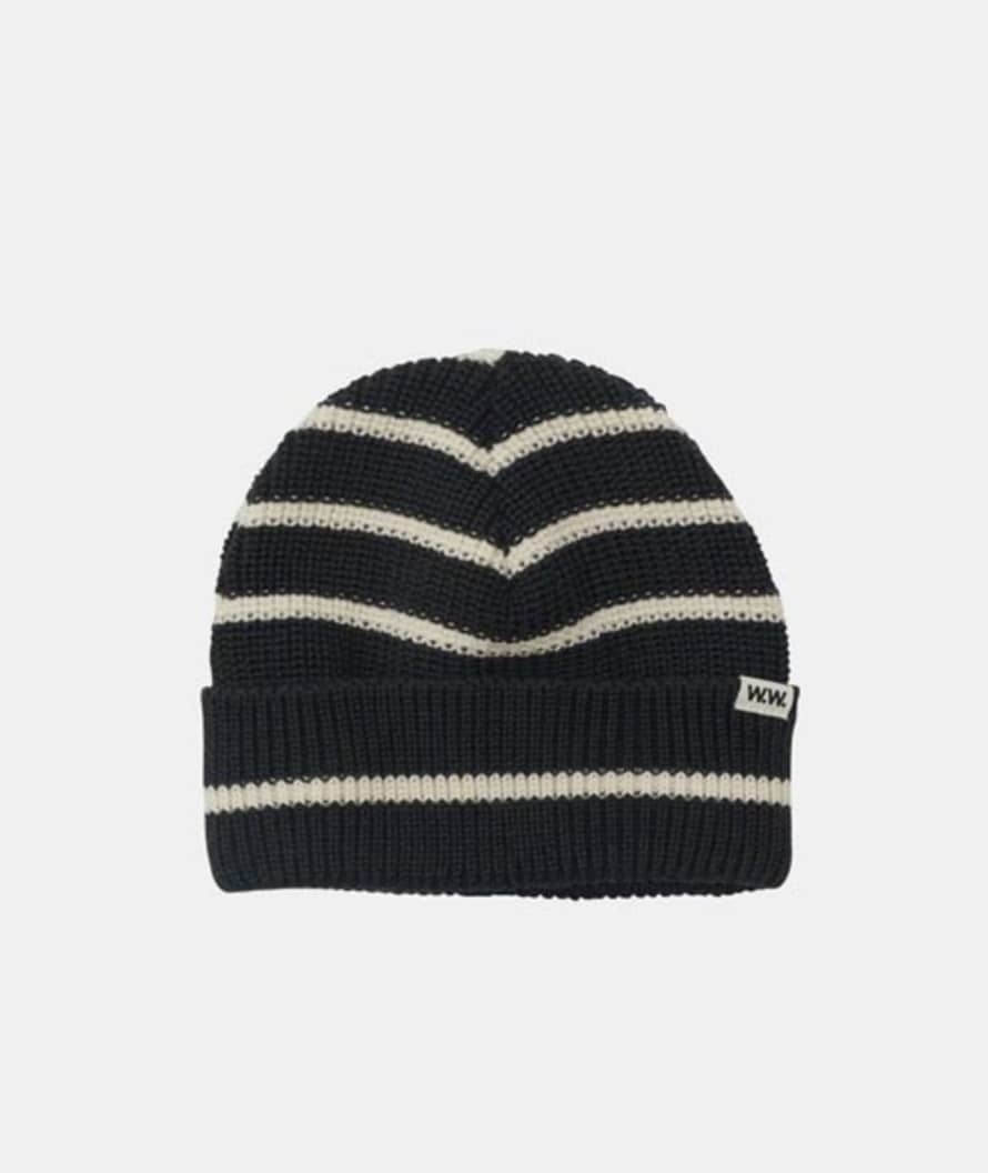 Wood Wood Black Wool Lawrence Striped Beanie