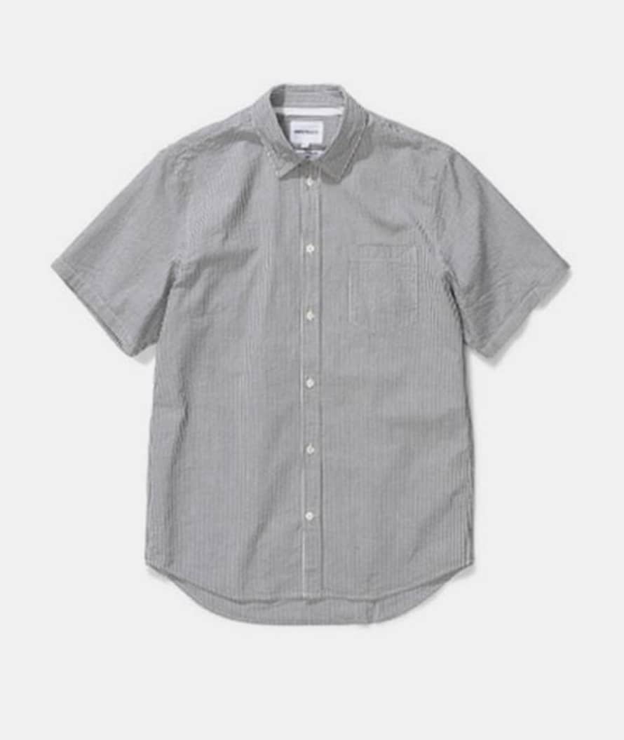 Norse Projects Navy Cotton Stripe Osvald Seersucker Short Sleeve Shirt