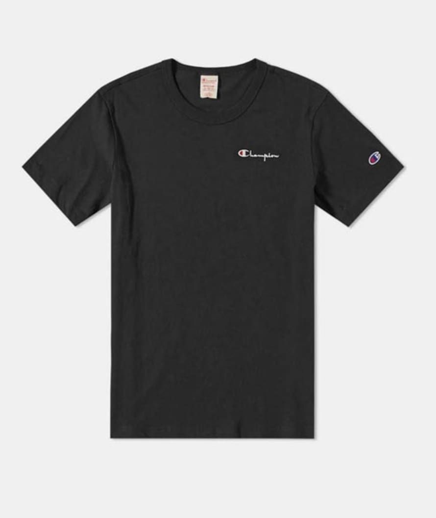 Champion Black Cotton Script Logo Crewneck T Shirt