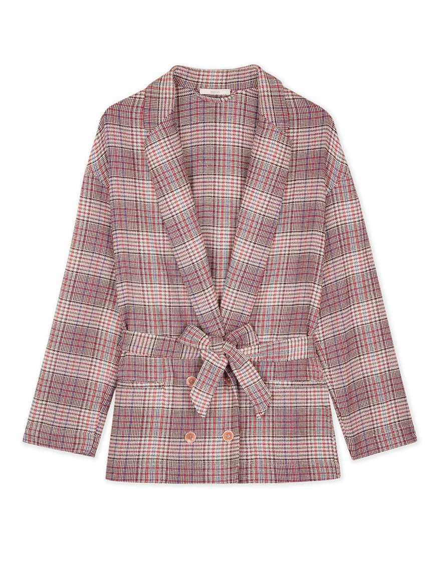 Sessun Pink and Beige Cotton Checked Avaroa Garment Blazer