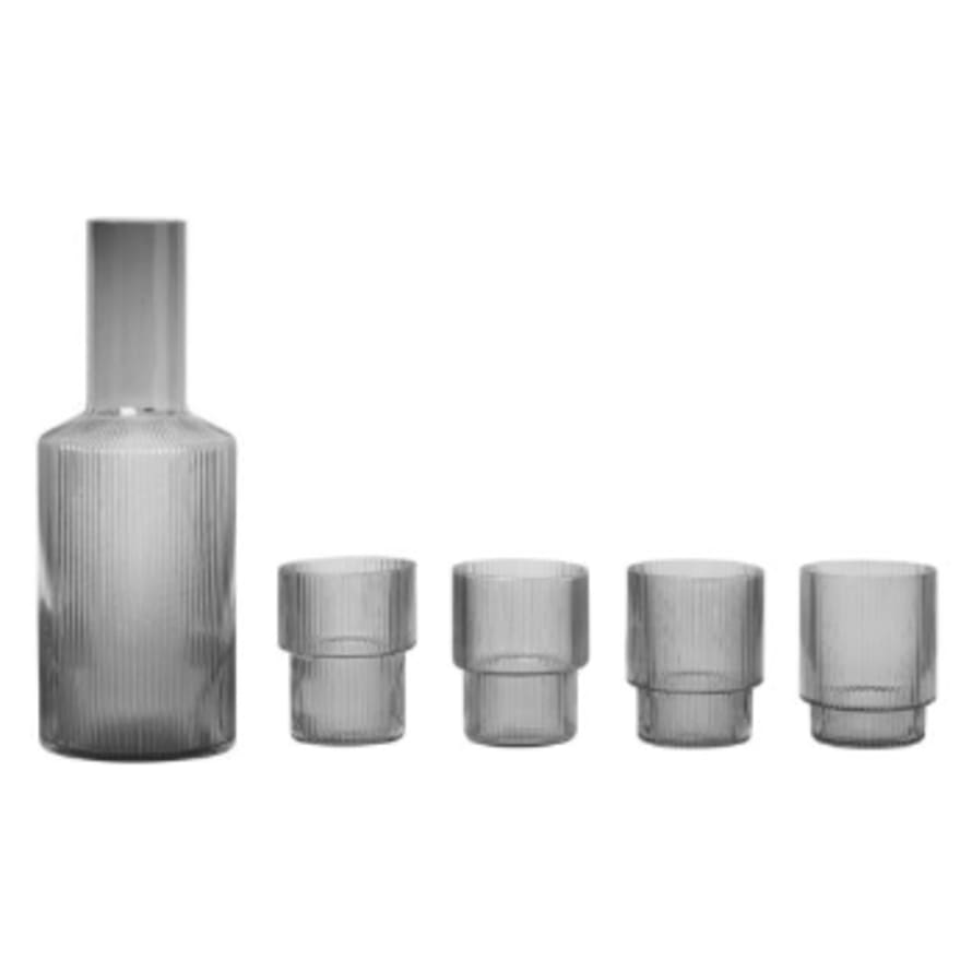 Ferm Living Set of 5 Smoked Grey Ripple Glasses with Carafe  