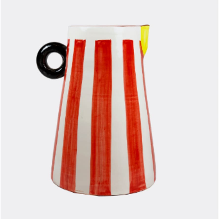 Pura Cal Red Stripes Handmade Terracota Pitcher with Ring Zuvi Zeva Zivi