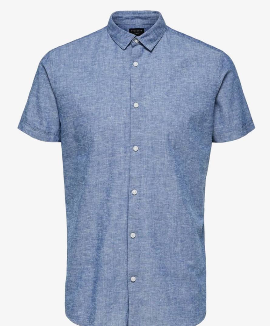 Selected Homme Linen Short Sleeved Shirt  - Medium Blue Melange 