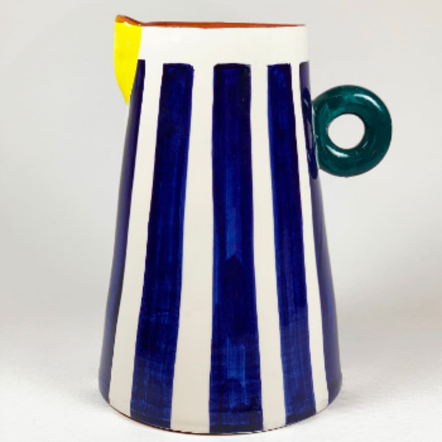 Pura Cal Cobalt Blue Stripes Handmade Terracota Pitcher with Ring Zuvi Zeva Zivi