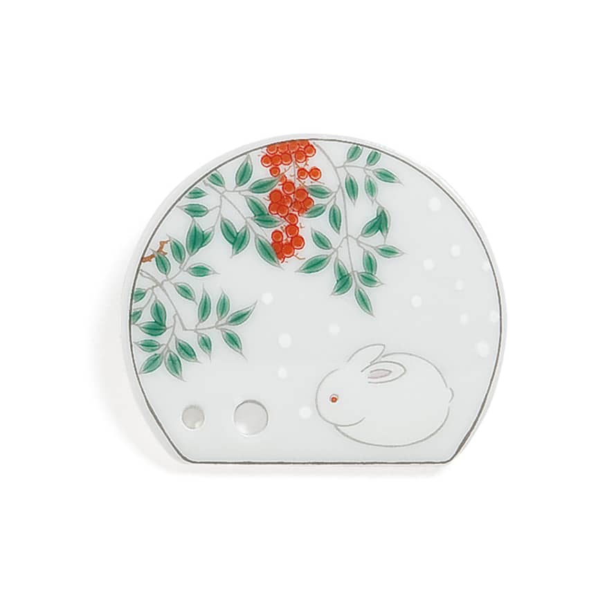 Shoyeido Decorative Porcelain Incense Holder with White Bunny Painting 