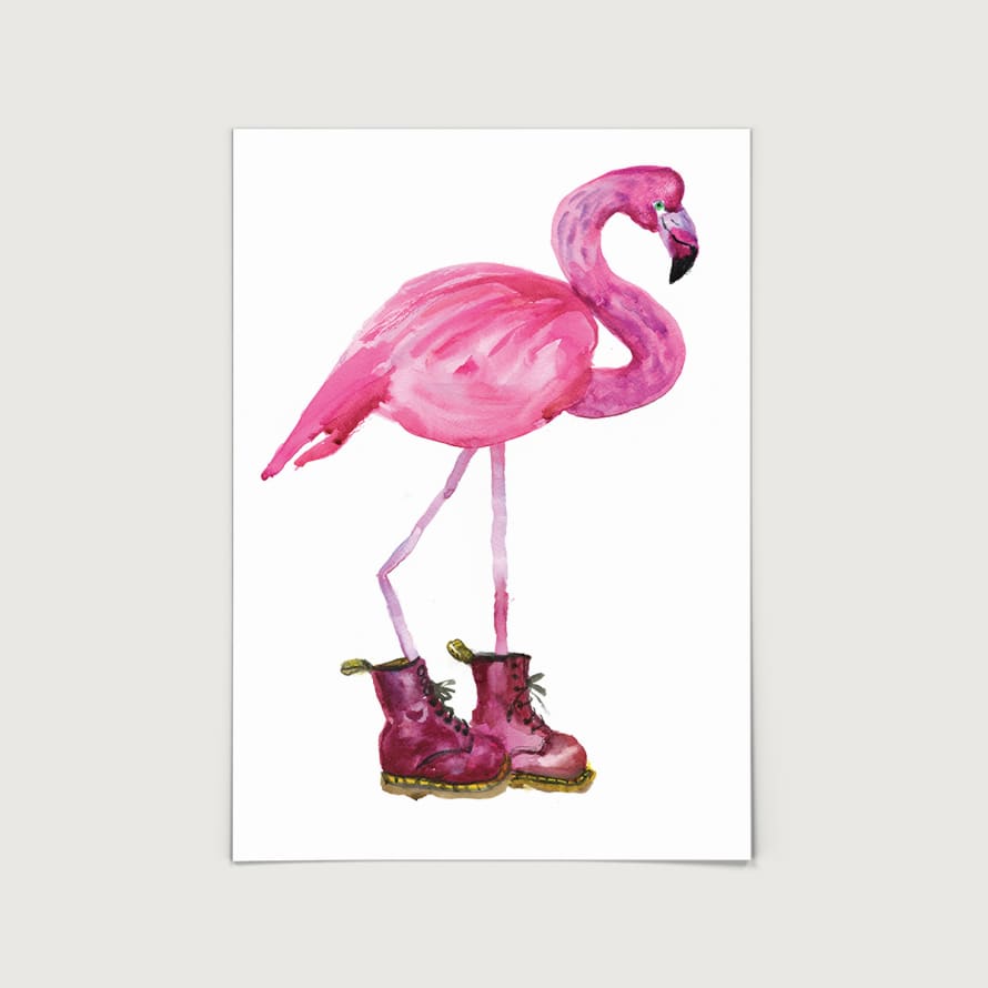 Rosie Webb  Flamingo in Cherry Red Boots A3 Art Print