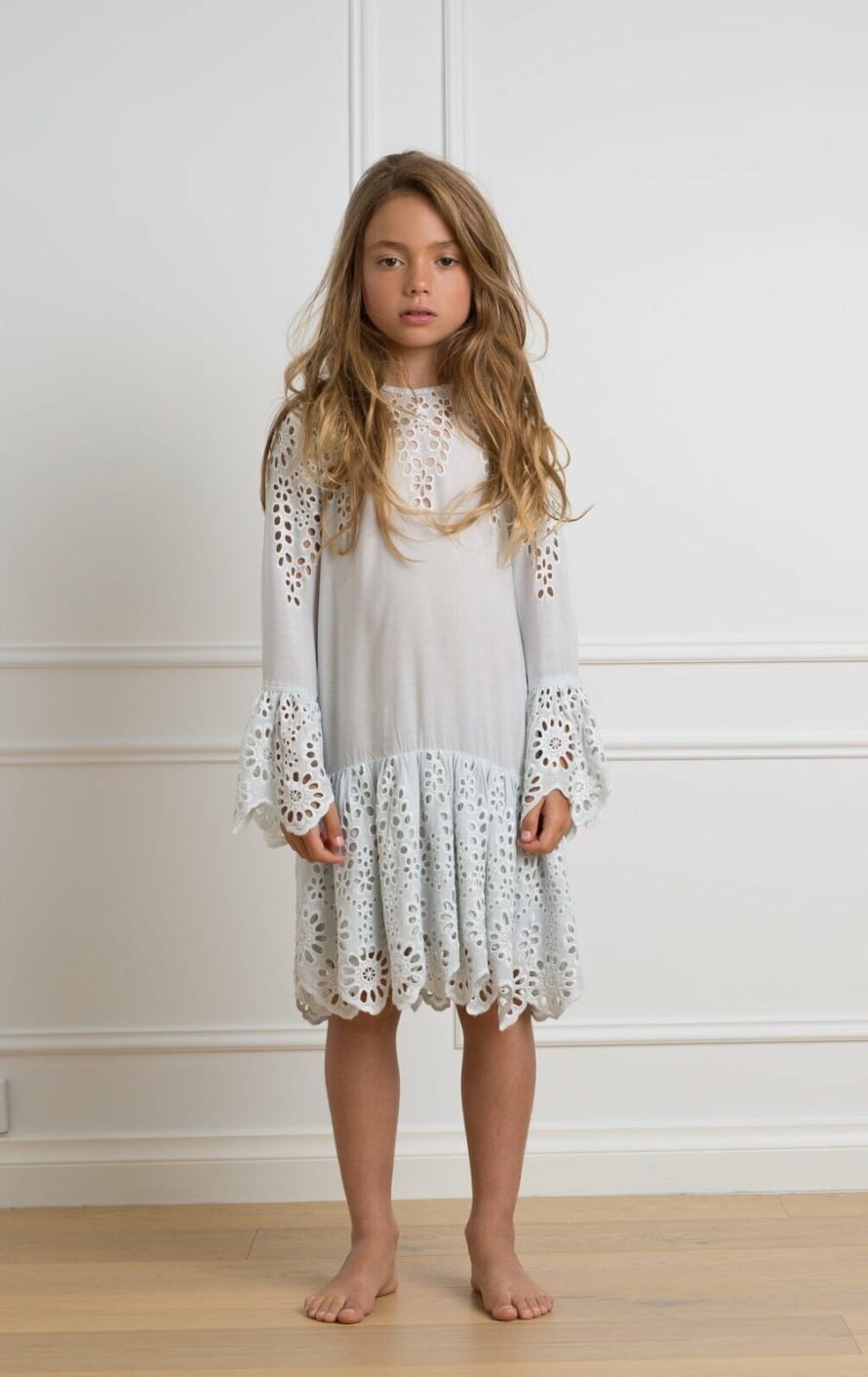 Trouva: Ice Blue Cotton Bell Sleeve Flower Embroidered Girls Dress