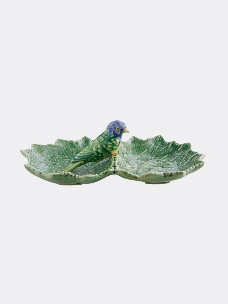 Bordallo Pinheiro  Handpainted Double Green Leaves Ceramic Tray with a Blue Bird