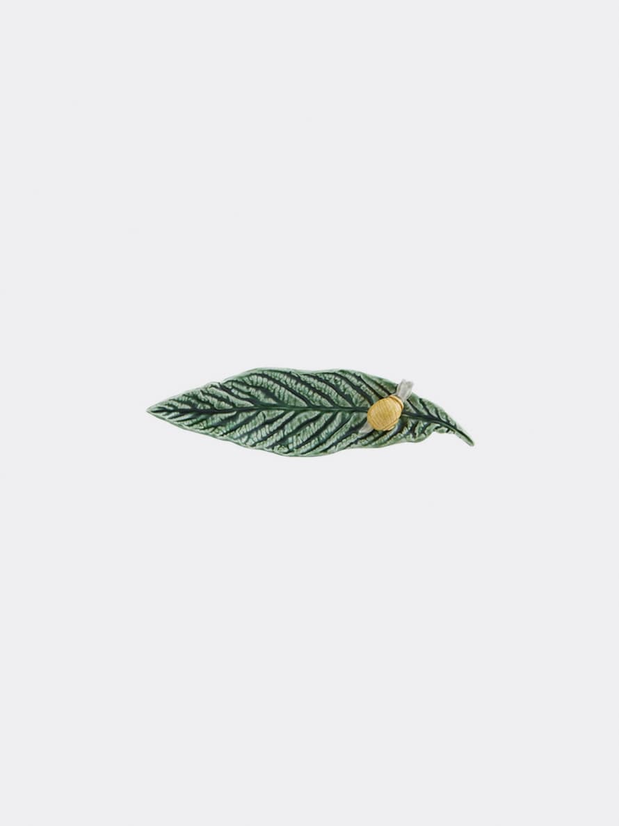 Bordallo Pinheiro Green Ceramic Loquat Leaf with Handpainted Snail
