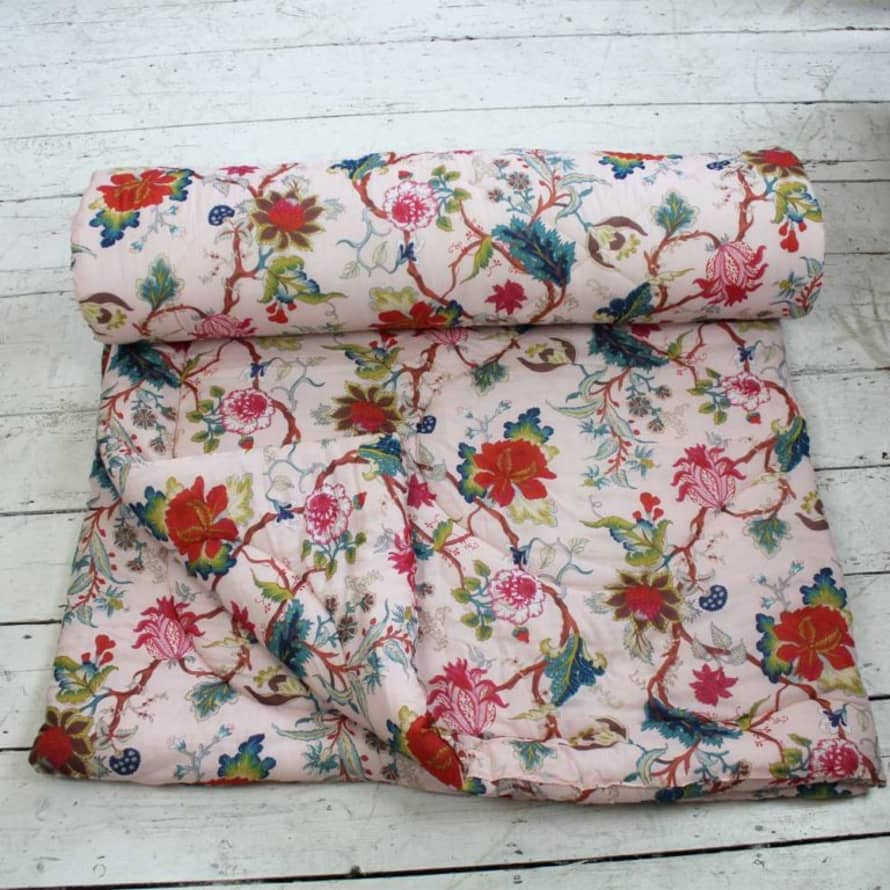 Powell Craft Pink Exotic Flower Print Cotton Indian Bed Quilt