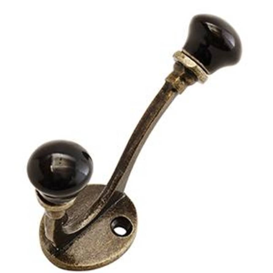 Madam Stoltz 9cm Black Porcelain and Brass Double Coat Hook