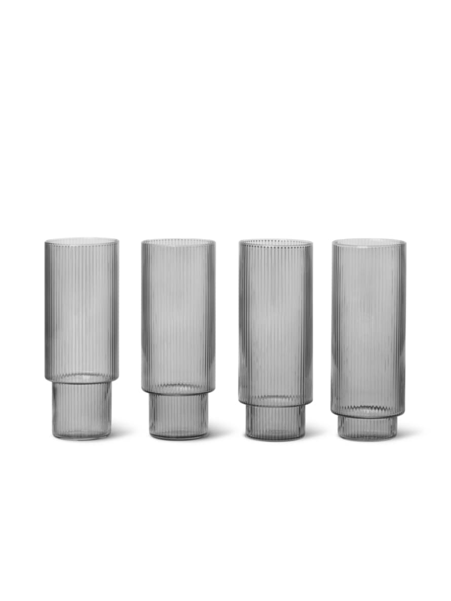 Ferm Living Set of 4 Smoked Grey Ripple Long Drink Glasses