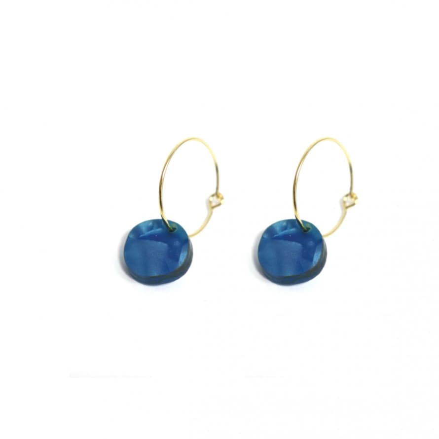 sept cinq Medium Blue Brass Creoles Jupiter Mother of Pearl Earring