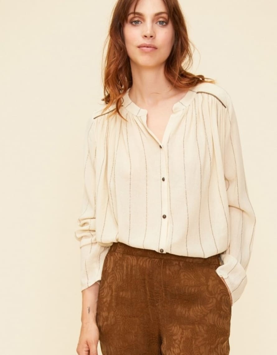 Louizon Ecru Viscose Sphinx Loose Blouse with golden stripe