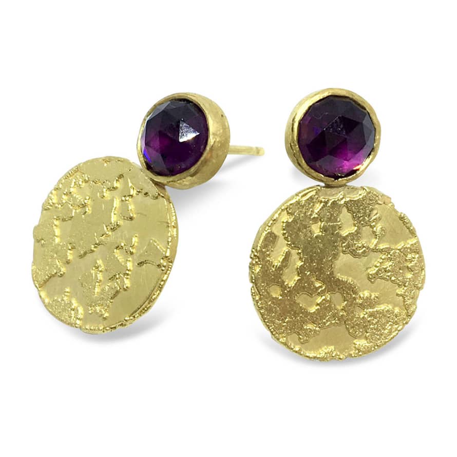 Joanne Bowles Encrusted Disk and Pink Garnet Studs in Gold Vermeil