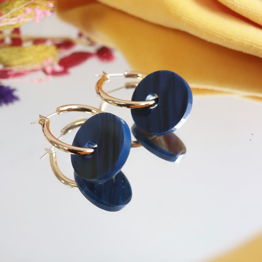 sept cinq Blue Gold Plated Brass Creoles Earrings 