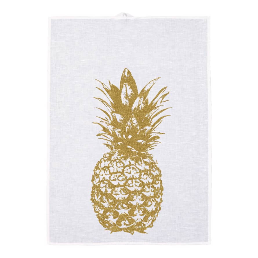 Frohstoff White Semi Linen Gold Pineapple Tea Towel