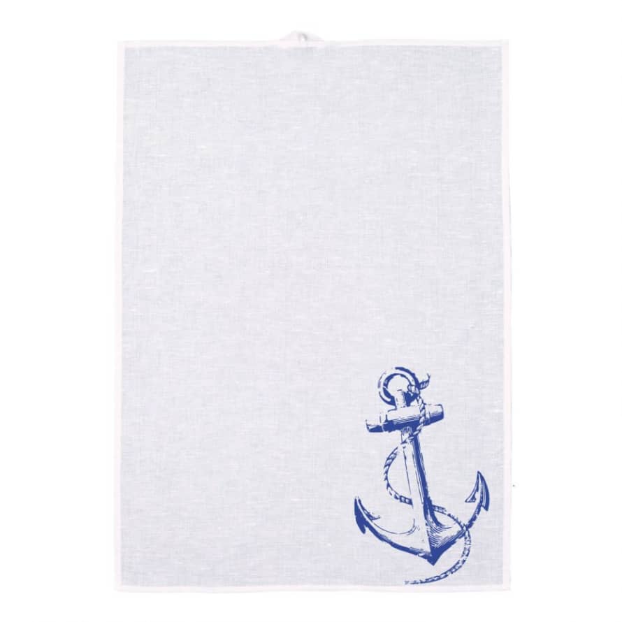 Frohstoff Blue Half Linen Anchor Tea Towel