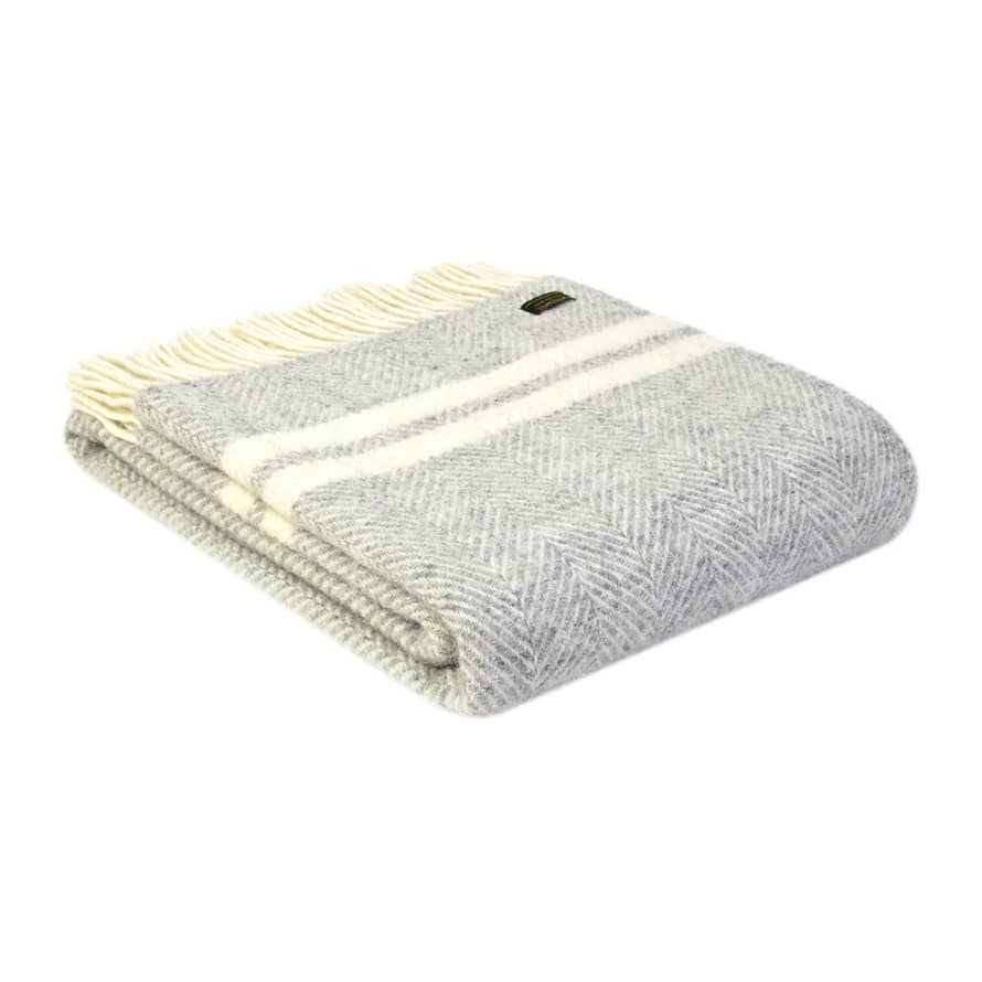 Tweedmill Silver Grey & Cream Fishbone 2 Stripe Pure New Wool Throw 150cm x 183cm