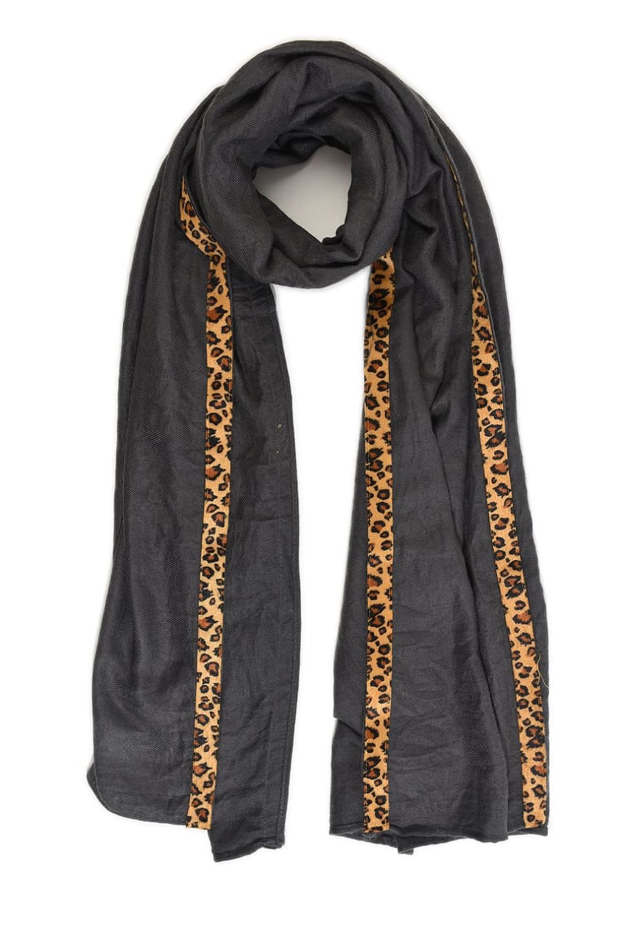 Miss Shorthair DARK GREY LEOPARD PRINT TRIM SCARF