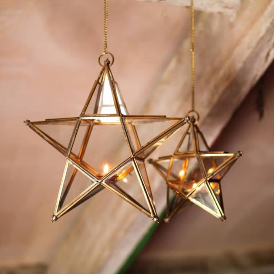 Nkuku Small Antique Brass Glass Star T-Light Holder