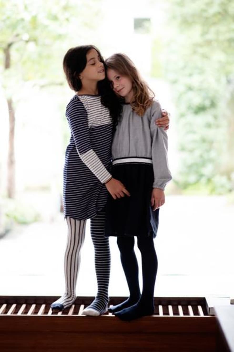 LOVE kidswear Carla Dress In Navy Lilac And Off White Navy Stripes