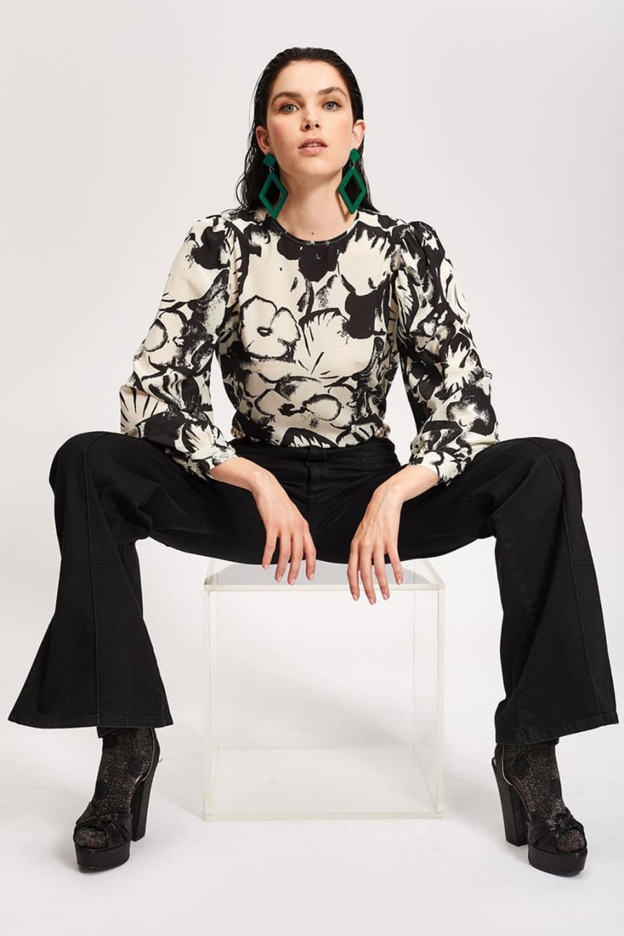 Trouva: Vlinder Off White Botanical Print Silk Blouse