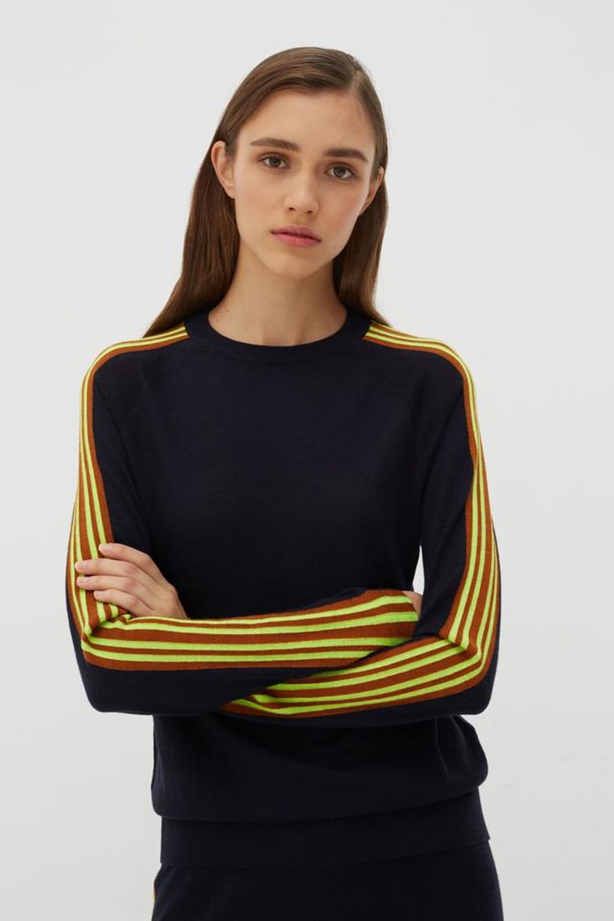 Chinti & Parker Vertical Stripe Sweater in Navy/Ginger/Fluo Yellow