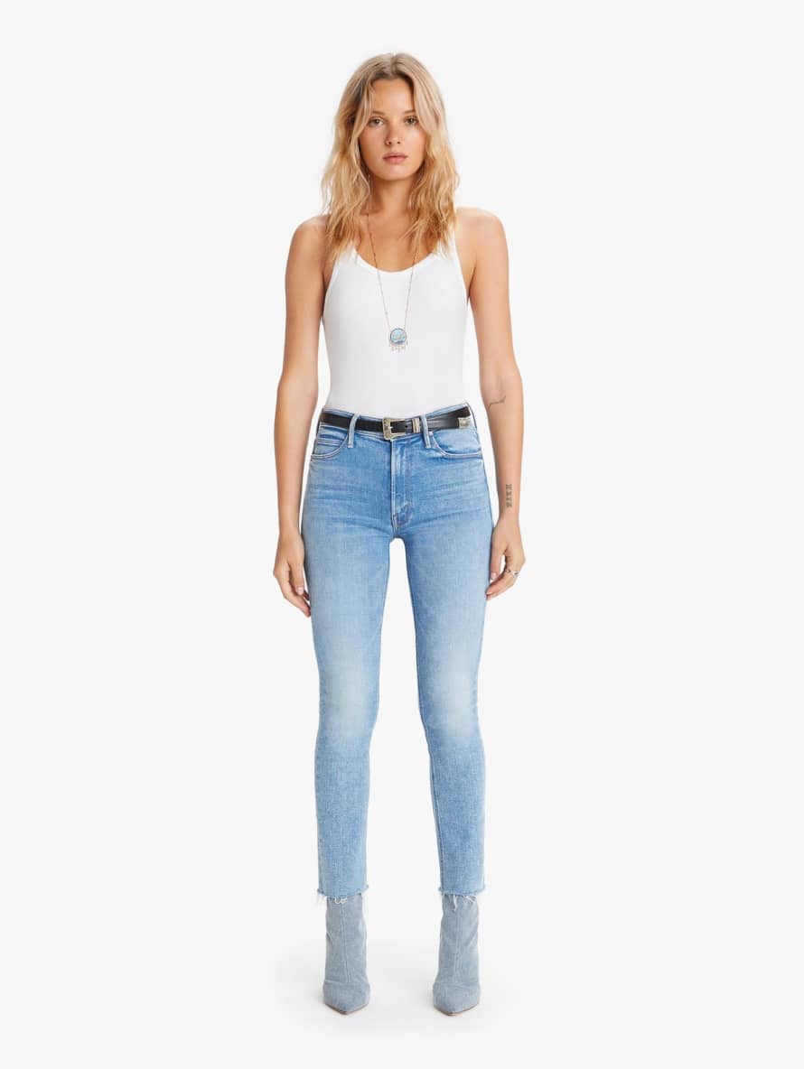 Mother Denim Blue Wash The Mid Rise Dazzler Ankle Fray Jeans in Dropping In