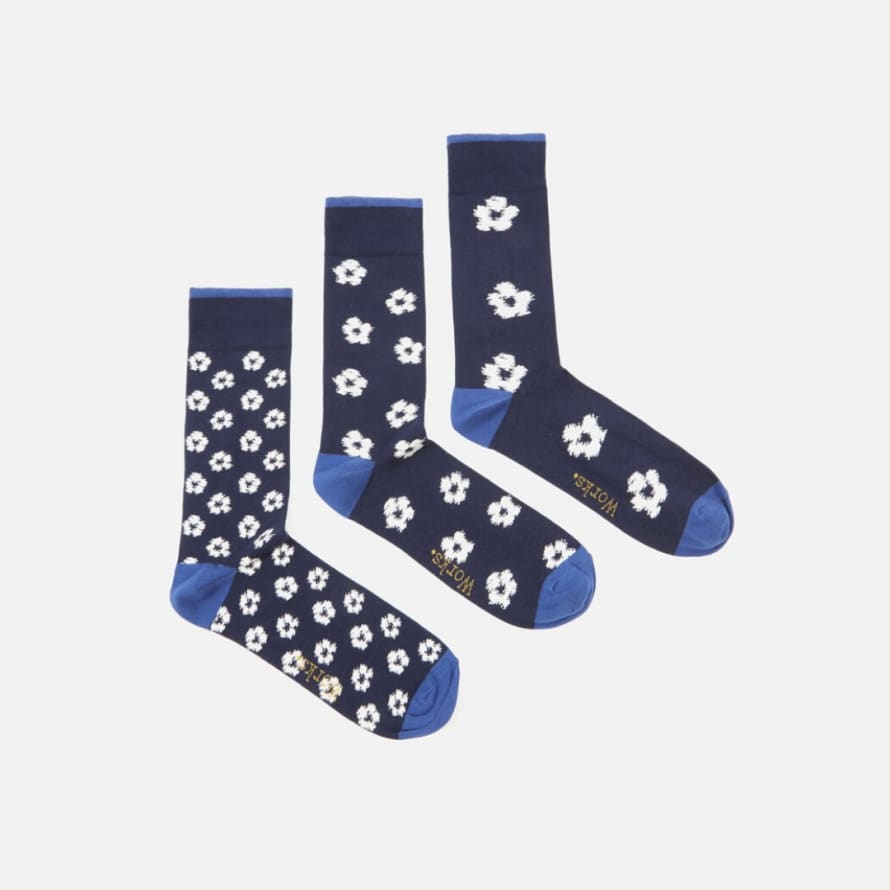 Universal Works 3 Pack Flower Socks Navy