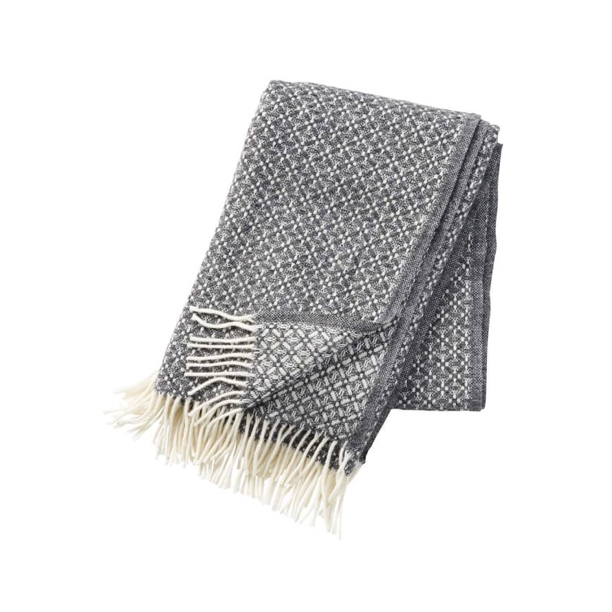 Klippan Yllefabrik Gray Lamb Wool Dahlia Plaid with White Fringes