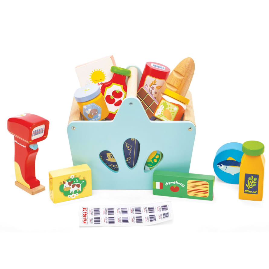 Le Toy Van Wooden Shopping Basket & Grocery Set & Scanner