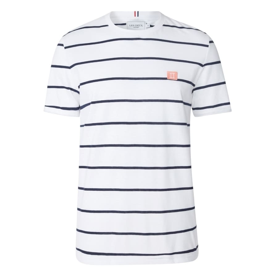 Les Deux Piece Stripe T-Shirt - White, Navy Stripes with Papaya Logo 