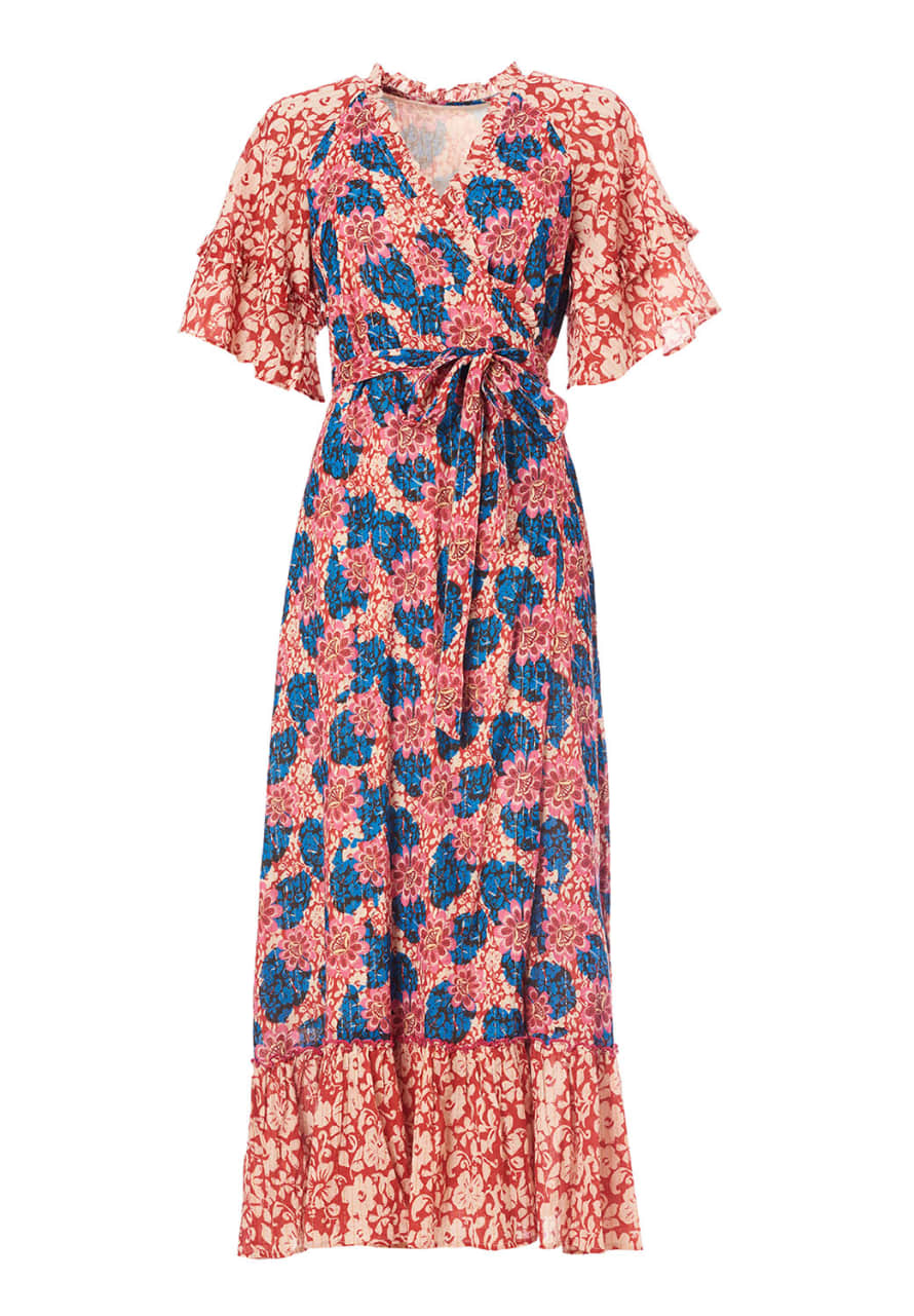 Trouva: Red & Blue Floral Print Tiered Regina Frill Wrap Dress