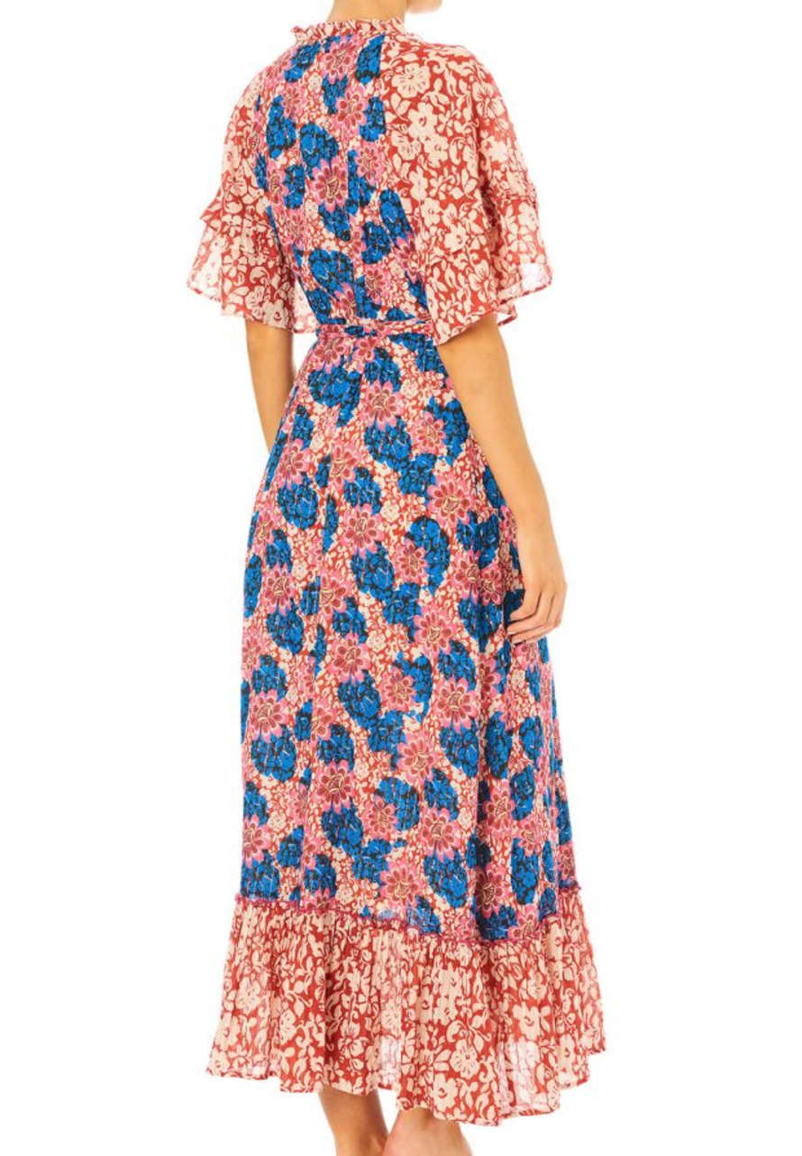 Trouva: Red & Blue Floral Print Tiered Regina Frill Wrap Dress