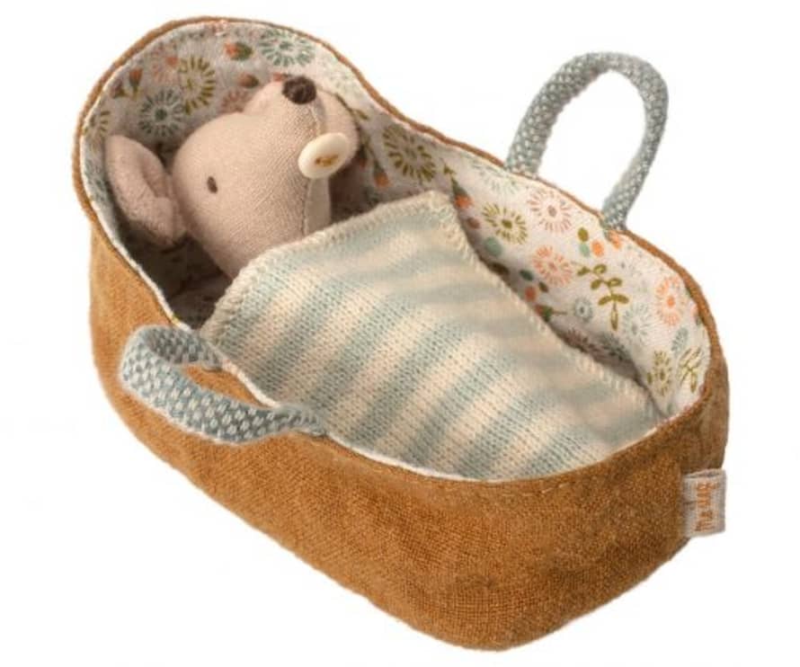 Maileg Baby Mouse in Brown Carrycot Toy