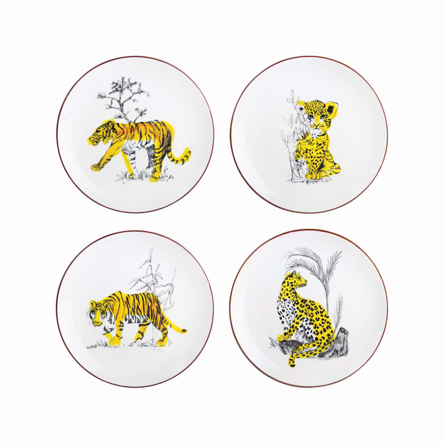 &klevering Set of 4 White Feline Print Plates