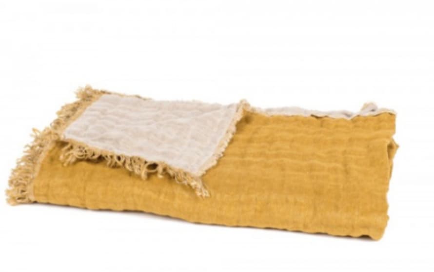 Harmony Textiles Fringed Blanket 135x200cm Bicolour with Ochre and Beige Tones