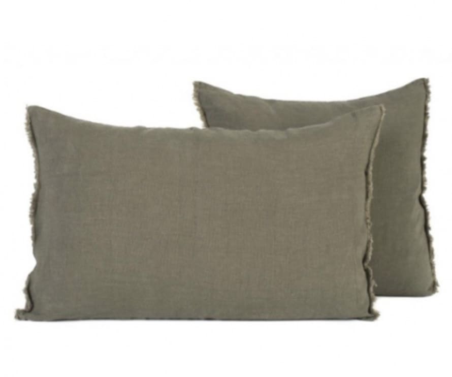 Harmony Textiles Cushion Cover 40 X60 cm in Khaki Green Linen with Fringes at the End