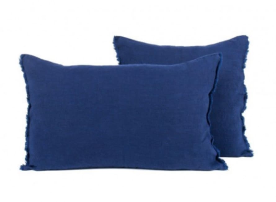 Harmony Textiles Cushion Cover 45x45cm in Indigo Blue Linen with Fringes at the Ends