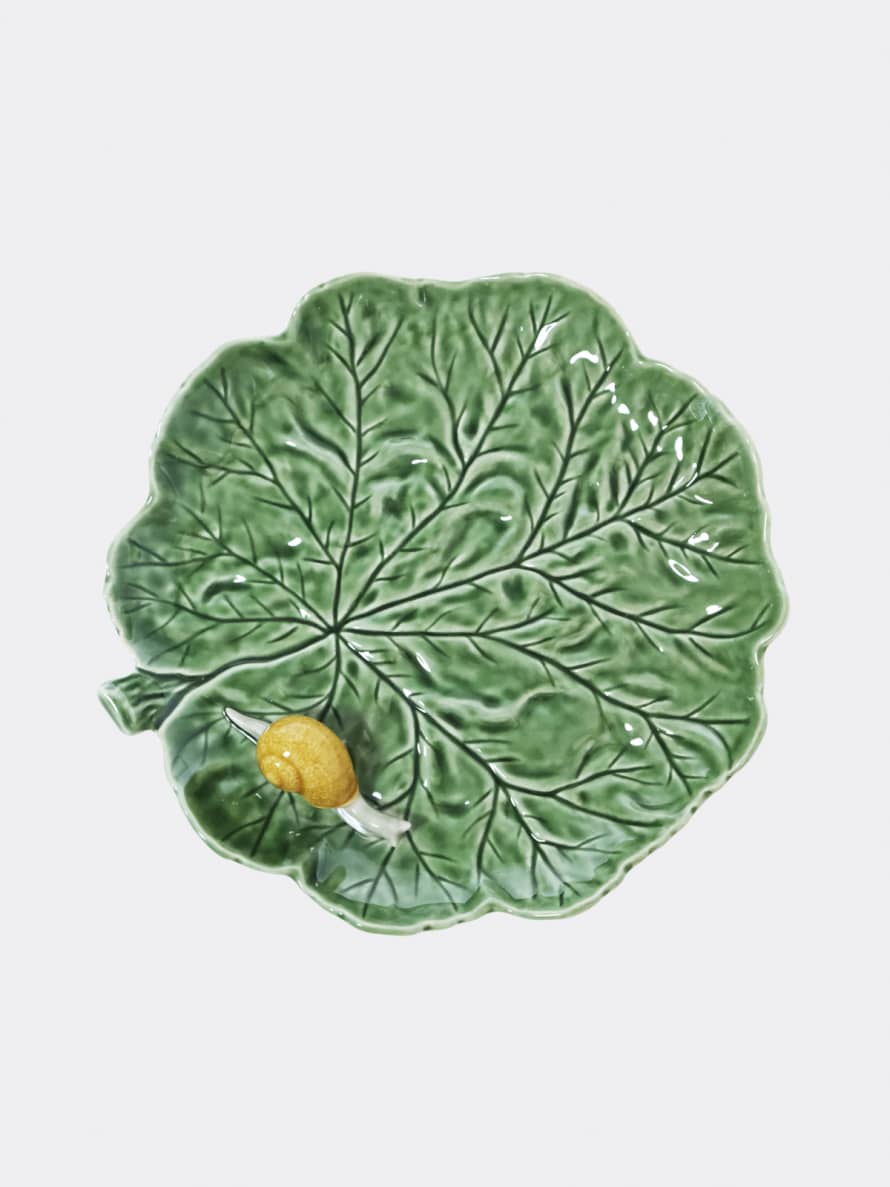 Bordallo Pinheiro Handmade Green Glazed Geranium Leaf Plate with Snail 28cm