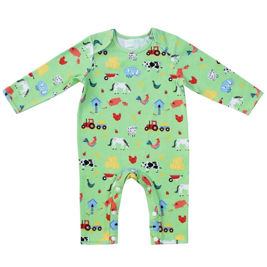 Powell Craft Green Farmyard Print Baby Jumpsuit