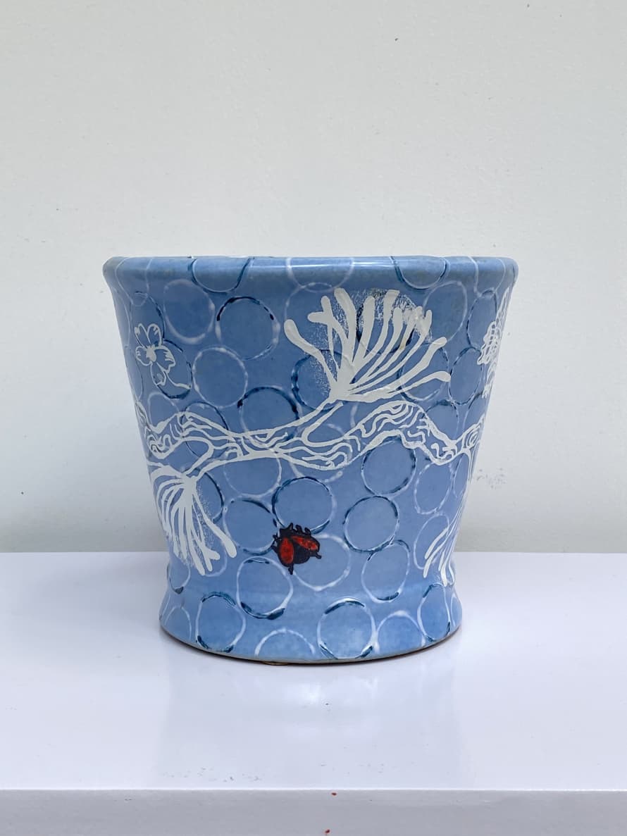 Asiatides Light Blue Planter Pot with White Flowers Small