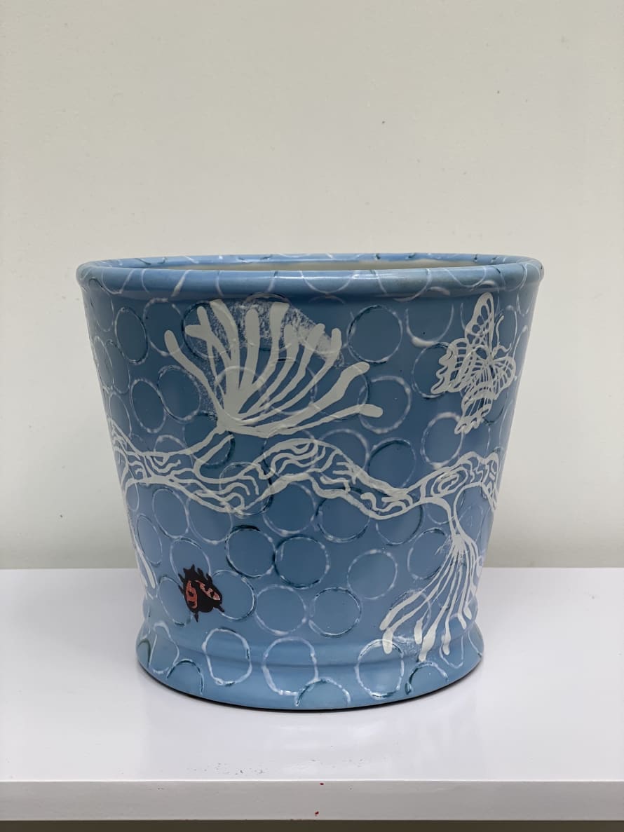 Asiatides Light Blue Planter Pot with White Flowers Large