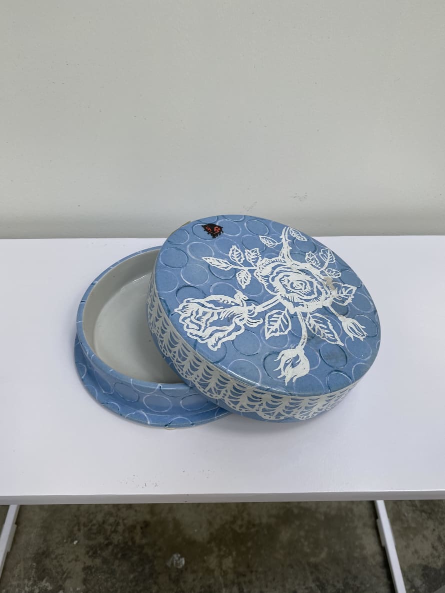 Asiatides Light Blue Flat Box with Lid with White Flowers