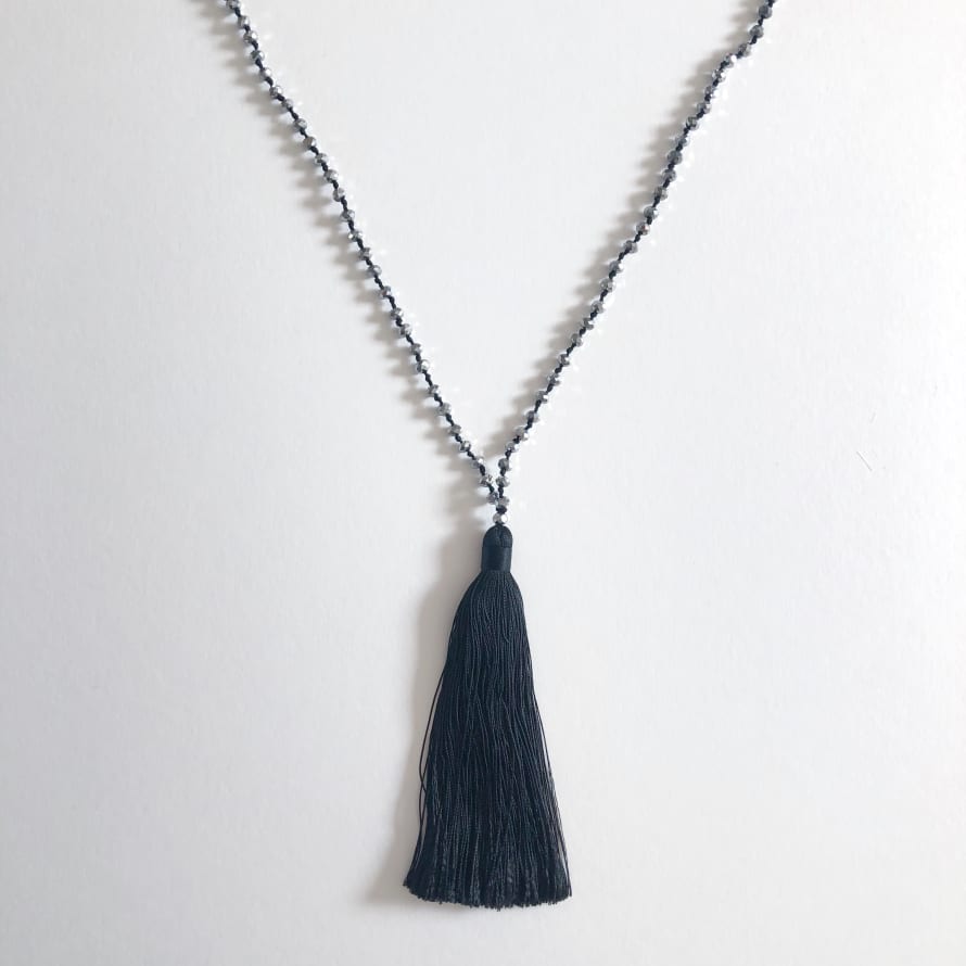 Black Tassel Necklace with Silver Beads